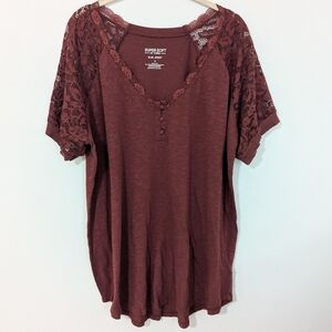 Torrid Classic Fit Super Soft Slub V-Neck Lace Sleeve Raglan Tee Burgundy 3